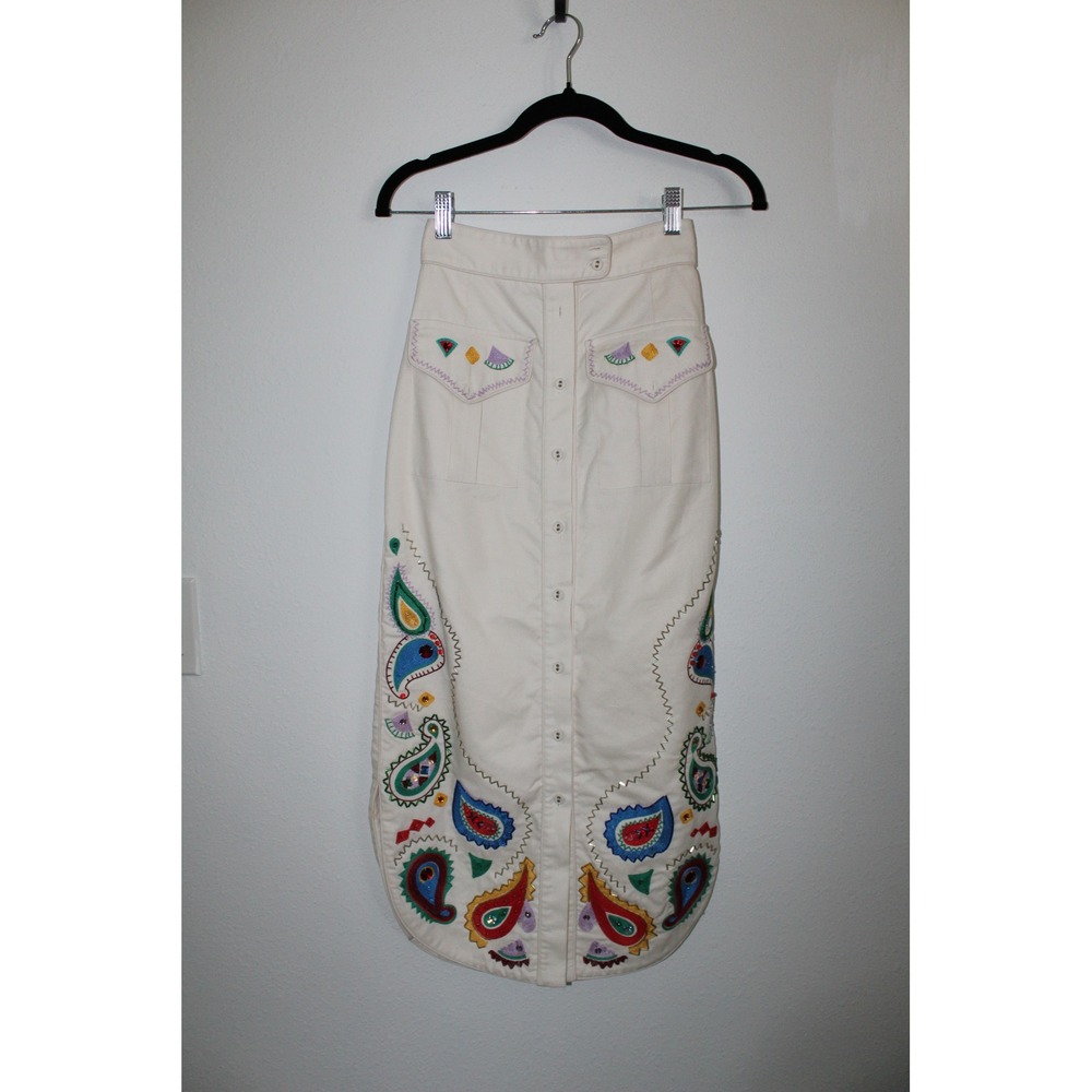 ALÉMAIS Ivory Paisley Embroidered Beaded Button Front Midi Skirt 1873S US 0